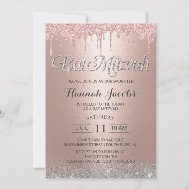 Invitation Bat mitzvah Moderne Rose Gold Parties scintillant  (Devant)