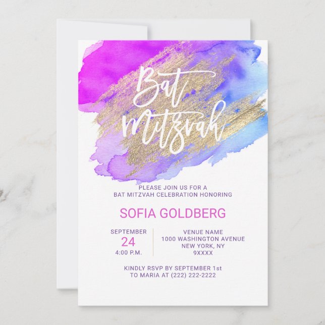 Invitation Bat mitzvah moderne violet bleu (Devant)