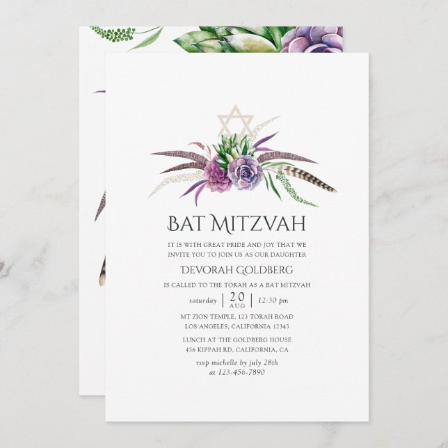 Invitation Bat mitzvah mystique de Boho succulent (Devant / Derrière)