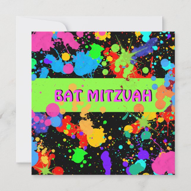 Invitation bat mitzvah, Neon Paint Splatter (Devant)