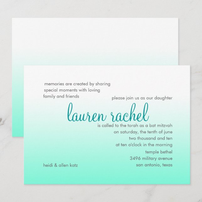 Invitation Bat mitzvah N'importe quelle couleur et Aqua Ombre (Devant / Derrière)