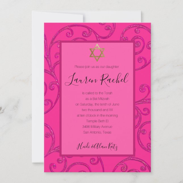 Invitation Bat mitzvah N'Importe Quelle Couleur Rose Design (Devant)