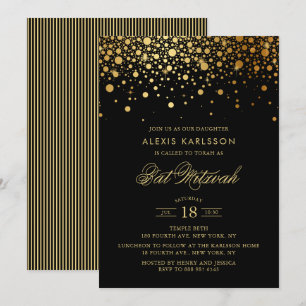 Invitation Bat mitzvah noir Faux Gold Foil Confetti