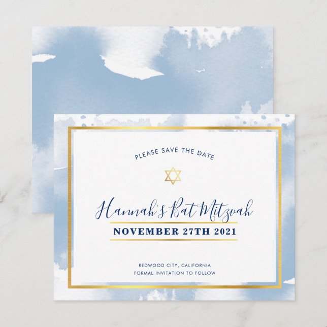 Invitation BAT MITZVAH or bleu aquarelle enregistrer la date (Devant / Derrière)