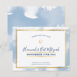 Invitation BAT MITZVAH or bleu aquarelle enregistrer la date