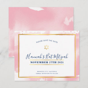 Invitation BAT MITZVAH or rose aquarelle enregistrer la date