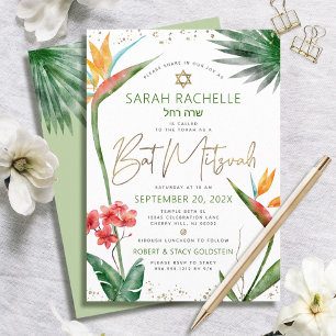 Invitation Bat Mitzvah Or Tropical Script Floral Aquarelle