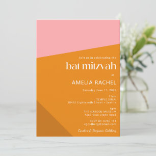 Invitation Bat mitzvah orange vif rose géométrique moderne