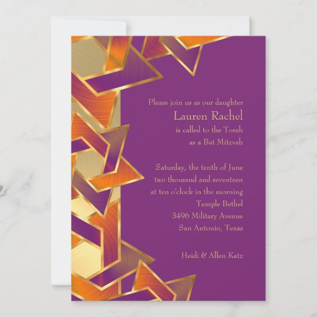 Invitation Bat mitzvah orange violet étoile de David N'import (Devant)