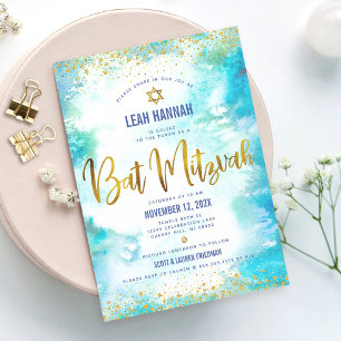 Invitation Bat Mitzvah Papier Doré Turquoise Aquarelle Modern
