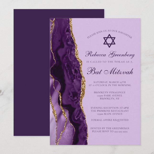 Invitation Bat mitzvah Parties scintillant de  d'or violet (Devant / Derrière)