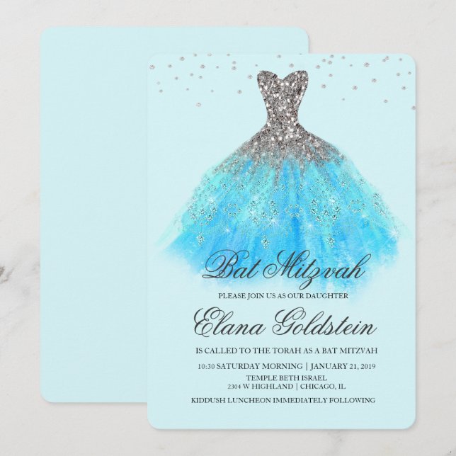 Invitation Bat mitzvah Parties scintillant robe Diamond Invit (Devant / Derrière)