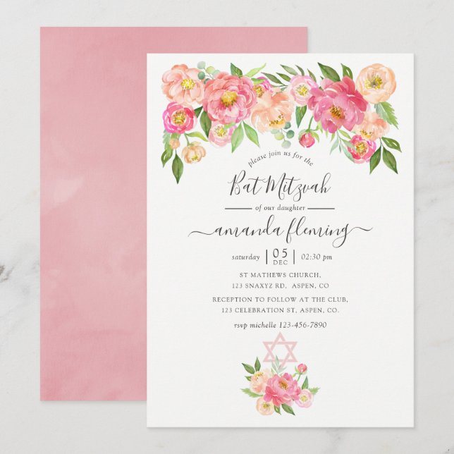 Invitation Bat mitzvah Pastel Pink Watercolor Peonies (Devant / Derrière)