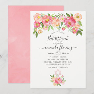 Invitation Bat mitzvah Pastel Pink Watercolor Peonies