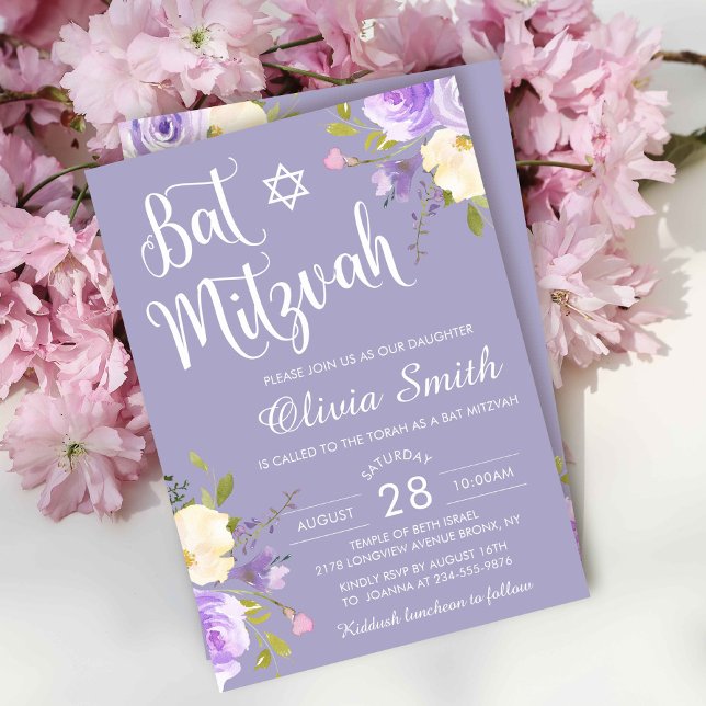Invitation Bat mitzvah Pastel Purple Floral Blanc Script (Créateur téléchargé)