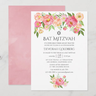 Invitation Bat mitzvah Pastel Watercolor Peonies
