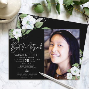 Invitation Bat mitzvah photo noir Argent Floral Aquarelle
