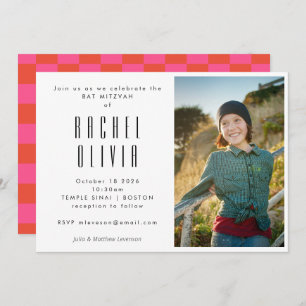 Invitation Bat mitzvah photo Retro Pink and Red Checkerboard