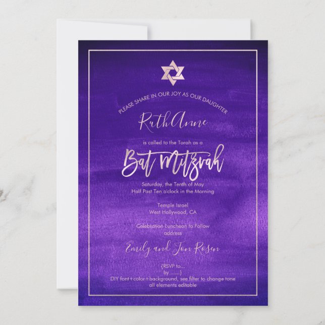 Invitation Bat mitzvah PixDezines|Aquarelle violette (Dos)