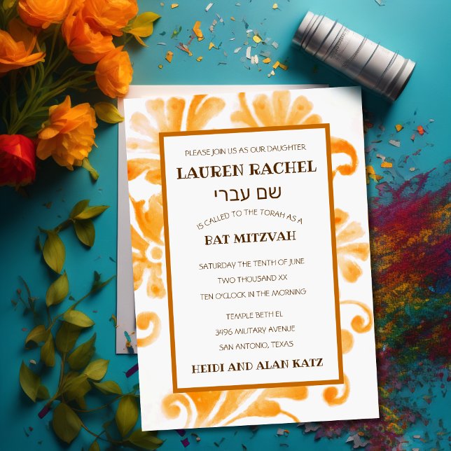 Invitation bat mitzvah Plume orange (Créateur téléchargé)