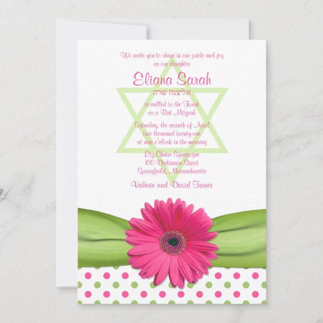 Invitation Bat mitzvah Pois rose et verte (Devant)