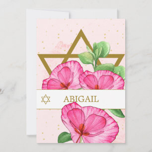 Invitation Bat mitzvah Poppies Floral or rose étoile de David
