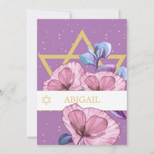 Invitation Bat mitzvah Poppies pourpres Gold Star de David