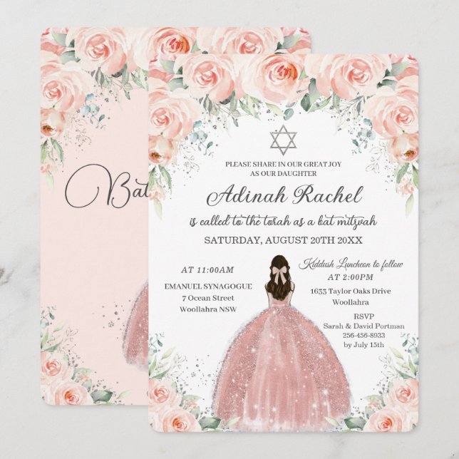 Invitation Bat mitzvah Princess Blush Floral Roses Argent (Devant / Derrière)