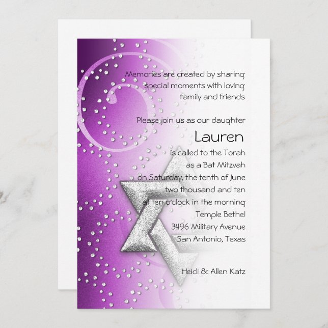 Invitation Bat mitzvah Raspberry Shimmer Star de David (Devant / Derrière)