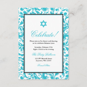 Invitation Bat mitzvah réception turquoise Blue Swirl Damask