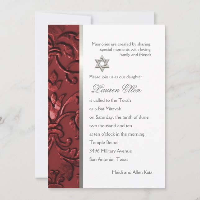 Invitation Bat mitzvah Red "Embossé" Damask (Dos)