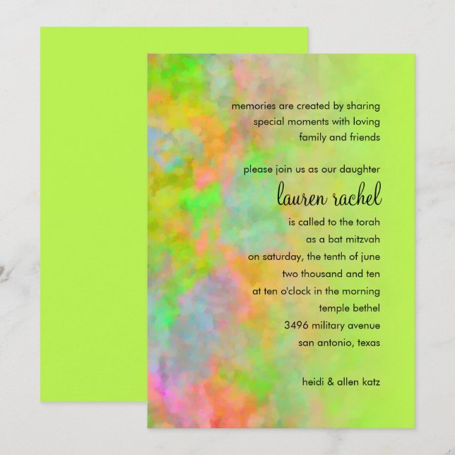 Invitation Bat mitzvah Résumé Design en Lime Green (Devant / Derrière)