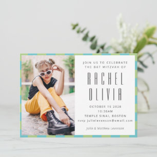 Invitation Bat mitzvah Retro Blue Green Checkerboard Photo