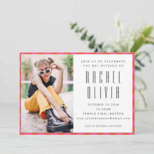 Invitation Bat mitzvah Retro Pink Red Checkerboard Photo
