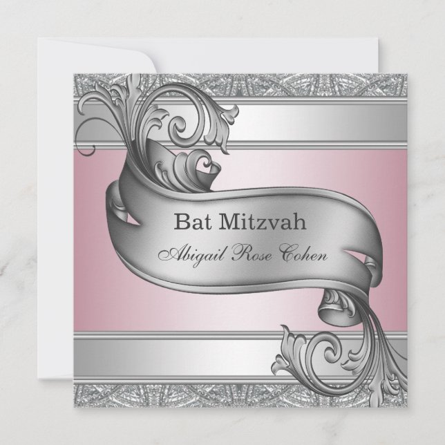 Invitation Bat mitzvah rose argent (Devant)