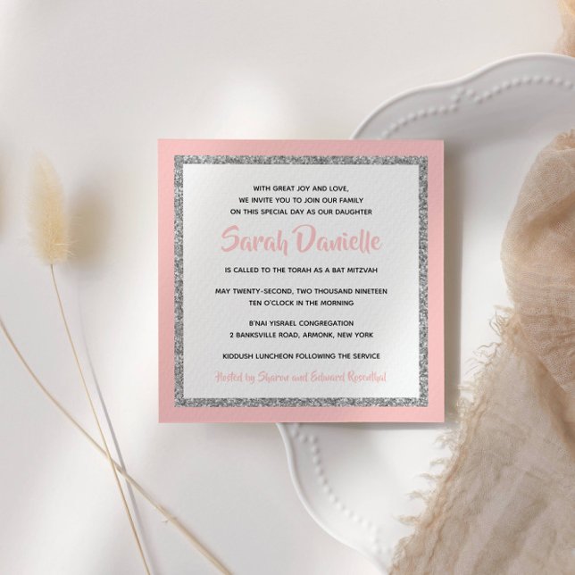 Invitation Bat mitzvah rose et argent (Créateur téléchargé)