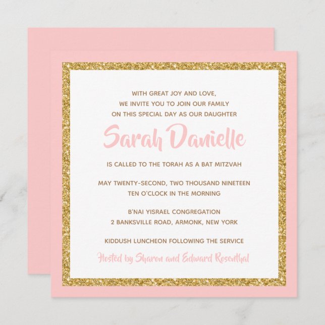 Invitation Bat mitzvah rose et or (Devant / Derrière)