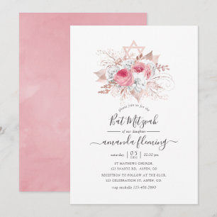 Invitation Bat mitzvah rose et Rose or Floral