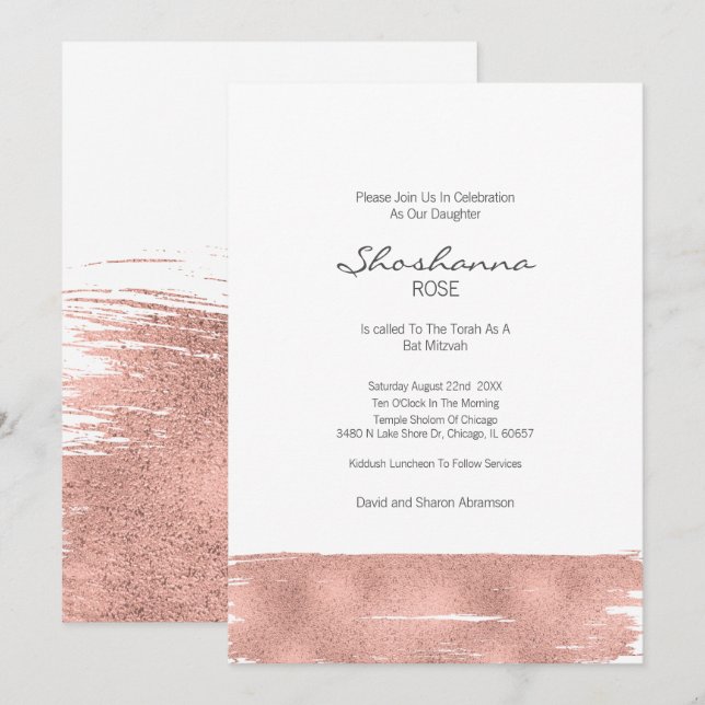 Invitation Bat mitzvah rose Gold Brushstroke (Devant / Derrière)