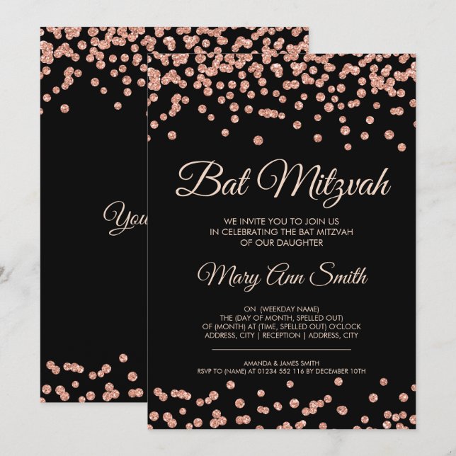 Invitation Bat mitzvah Rose Gold Faux Parties scintillant Con (Devant / Derrière)