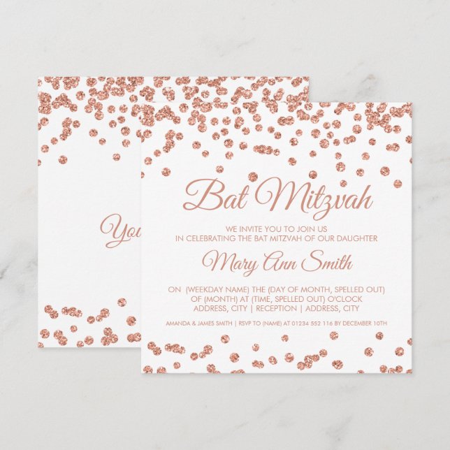 Invitation Bat mitzvah Rose Gold Faux Parties scintillant Con (Devant / Derrière)