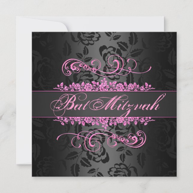 Invitation Bat mitzvah rose/noir Rose tourbillon Anniversaire (Devant)
