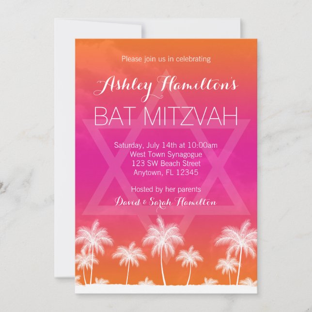Invitation Bat mitzvah rose orange tropical (Devant)