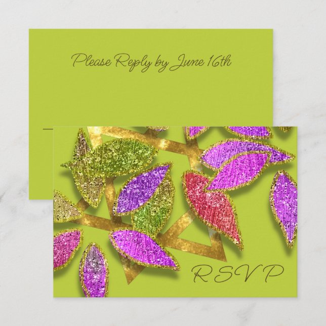 Invitation Bat mitzvah rose violet vert Glitterie Petterie St (Devant / Derrière)