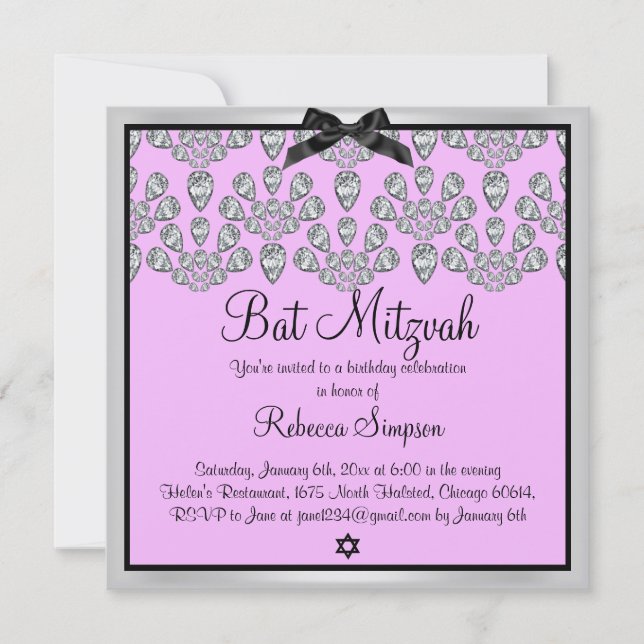 Invitation Bat mitzvah Silver & Pink Forever Diamo (Devant)