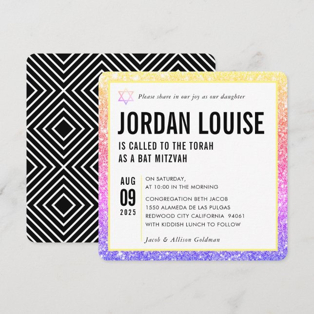 Invitation BAT MITZVAH simple moderne chic parties scintillan (Devant / Derrière)