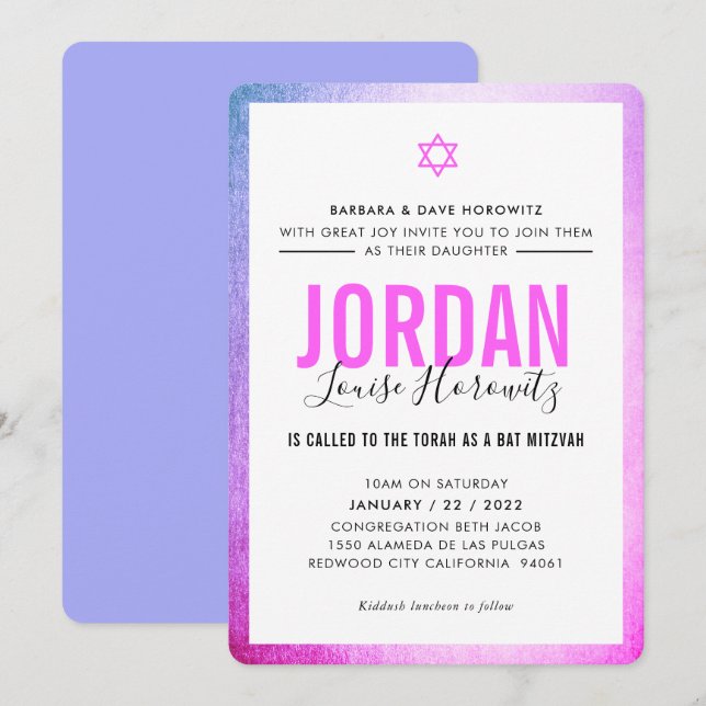 Invitation BAT MITZVAH star moderne fille rose violet glam (Devant / Derrière)