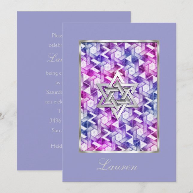 Invitation Bat Mitzvah Star of David Damask (Devant / Derrière)