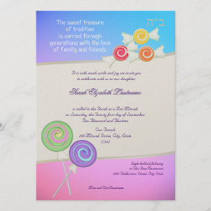 Invitation Bat mitzvah sucré Candy Bleu framboise