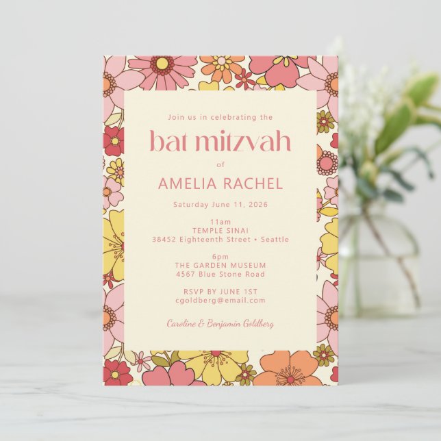 Invitation Bat mitzvah Super retro Boho rose jaune (Debout devant)